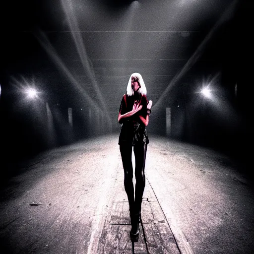 Image similar to supermodel in silent hill, on stage at heaven's night nightclub, 8 k, realistic, fashion photography, real person