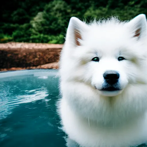 Image similar to beautiful photograph of samoyed dog taking a bath in a pool full of lava, professional photography, sigma 5 6 mm f 8