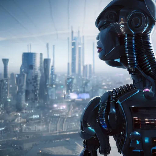Prompt: close up ultra realistic photo of a cyborg, futuristic city in the background, 4 k, 8 k, octane render, unreal engine, meta human, hi - tech, modern