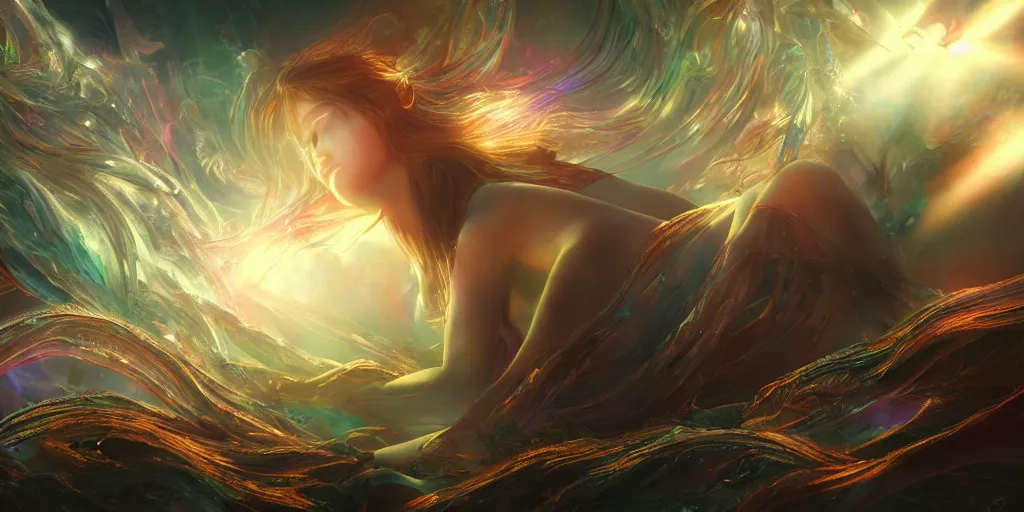 Prompt: dreamscape, sensual female, god rays, ross tran, vivid colors, anatomical, highly detailed sculpture, intricate detailed, ommatidia, 8 k, cinematic atmosphere, post - processing