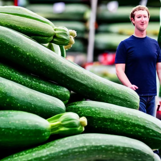 Prompt: mark zuckerberg in the shape of a zucchini, amongst zucchinis put to display on a market stand
