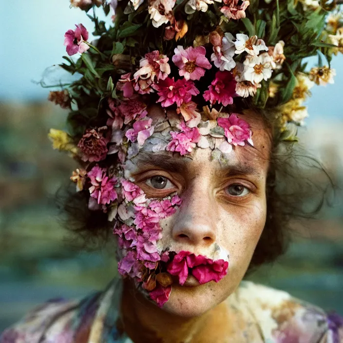 Prompt: closeup portrait of a woman with flowers growing out of her face, standing in a desolate apocalyptic city, by Annie Leibovitz and Steve McCurry, natural light, detailed face, CANON Eos C300, ƒ1.8, 35mm, 8K, medium-format print