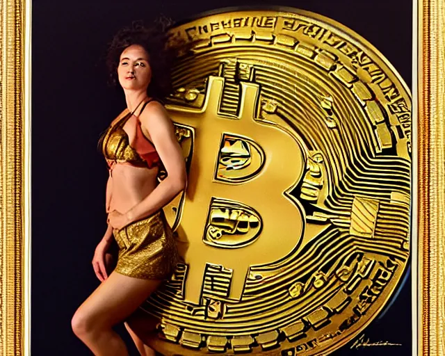 Image similar to attractive woman posing in front of a huge golden bitcoin, commercial by annie liebovitz, gaston bussiere, craig mullins, j. c. leyendecker