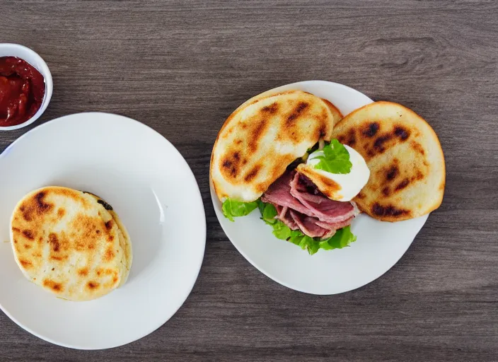 Image similar to dslr food photograph an arepa filled with sliced meat 8 5 mm f 1. 8