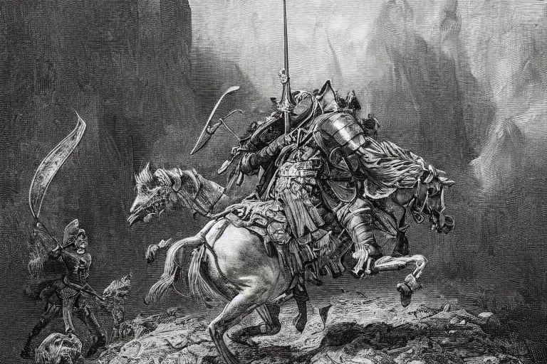 Image similar to highly detailed painting of the knight don quixote runs out of the gate in the shape of a book, symmetrical, masterpiece, highly detailed painting by gustave dore