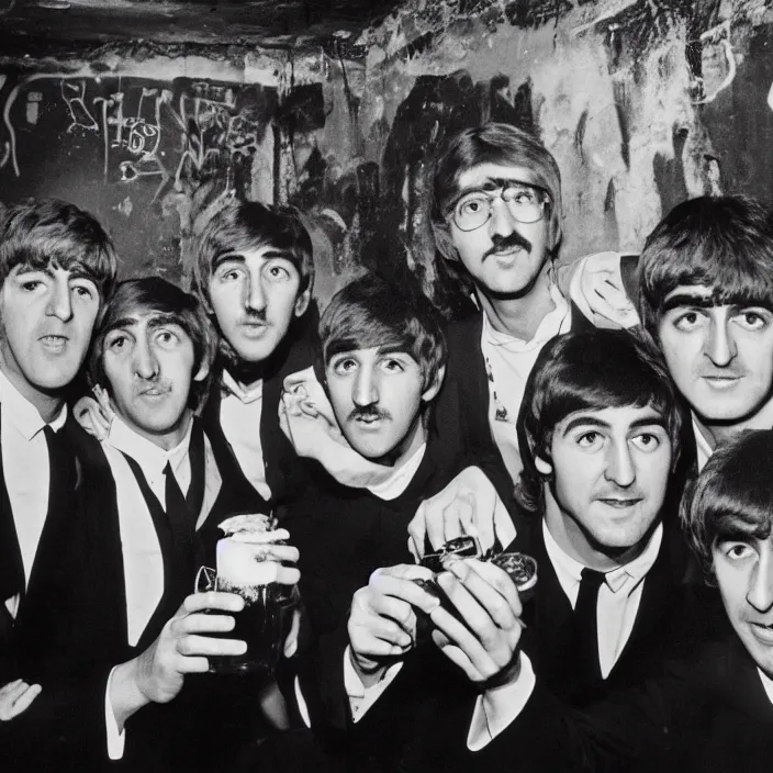 Prompt: The four Beatles drink beer in a 1980s underground club, graffiti on the walls, photo by annie leibovitz, shot on a Mamiya RZ67, 4k