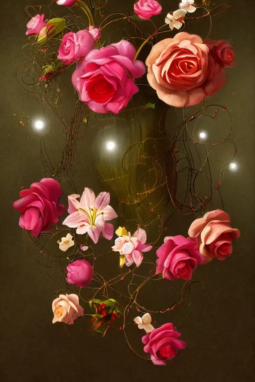 Prompt: beautiful digital matter cinematic painting of whimsical botanical illustration of roses and lilies and strings of pearls whimsical scene bygreg rutkowki artstation