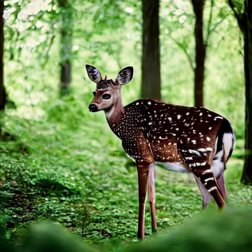 Prompt: a beautiful spotted deer in the woods, canon eos c 3 0 0, ƒ 1. 8, 3 5 mm, 8 k, medium - format print