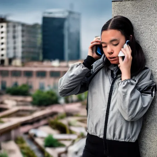 Image similar to candid photographic portrait of a poor techwear mixed young woman using a phone inside a dystopian city, closeup, beautiful garden terraces in the background, sigma 85mm f/1.4, 4k, depth of field, high resolution, 4k, 8k, hd, full color