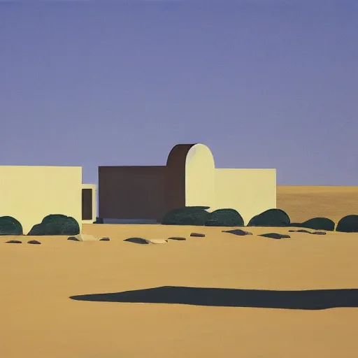 Image similar to motel in a desert rural landscape, painted by Alex Katz and Edward Hopper, airbrush, highly detailed