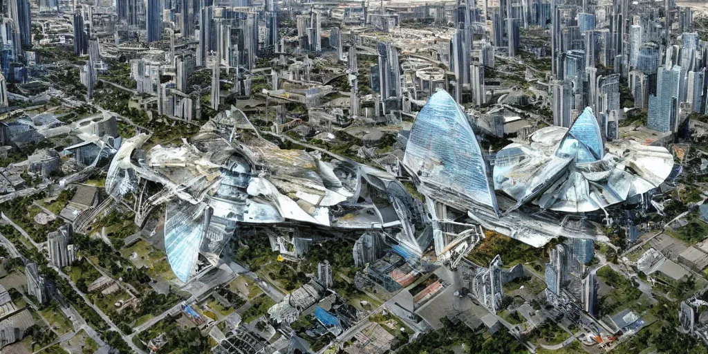 Image similar to future forest city attacked by spaceship, broken buildings, star trek, glory war, photograph