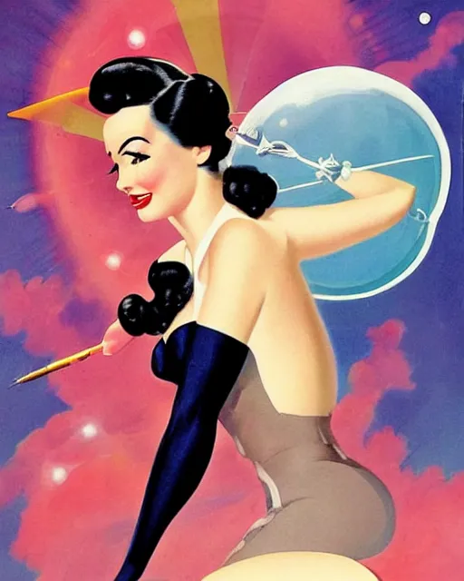 Image similar to retrofuturistic pinup model dita von teese as a varga girl posing on a space ship, in the style of anna dittmann and gil elvgren and alberto vargas.