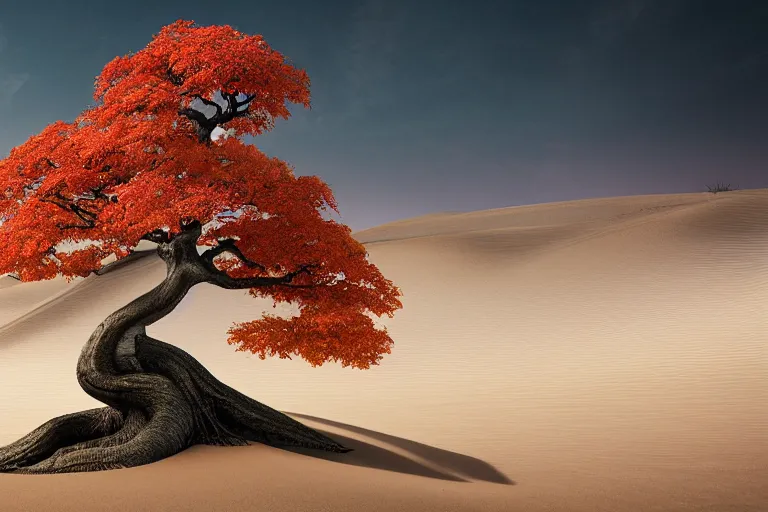 Image similar to an autumn maple bonsai grows on a desolate sand dune in front of a primordial mountainous landscape by hr giger and jessica rossier