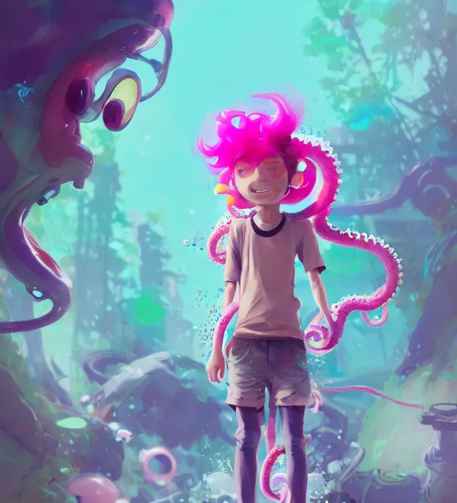 Image similar to a beautiful fullbody portrait of a cute splatoon anime boy with pink tentacle hair wearing tshirt leggings under shorts. character design by cory loftis, fenghua zhong, ryohei hase, ismail inceoglu and ruan jia. artstation, volumetric light, detailed, photorealistic, fantasy, rendered in octane