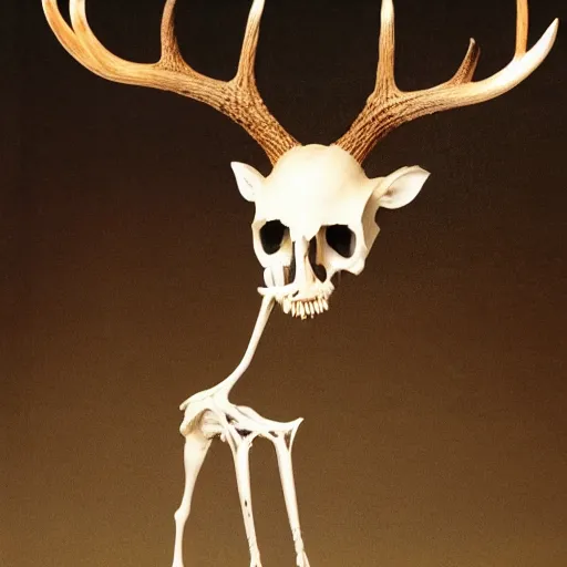 Prompt: a slender bipedal creature with a deer skull for a head and antlers