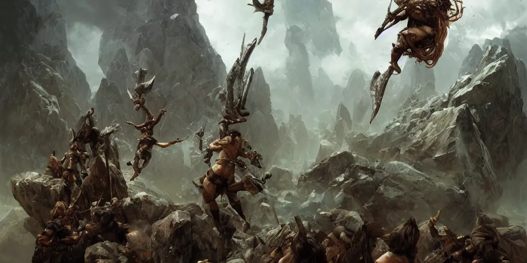 Image similar to epic battle barbarian norse gods thunder inverted individual rocks hanging from the sky two worlds facing each other horizontal symmetry inception good composition artstation illustration sharp focus sunlit vista painted by ruan jia raymond swanland lawrence alma tadema zdzislaw beksinski norman rockwell tom lovell alex malveda greg staples