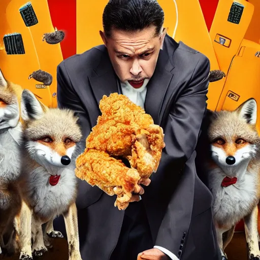 Image similar to hollywood quality poster for an action movie fearing an ahtnropomorphic male foxes in a suit stealing fried chicken, promotional media