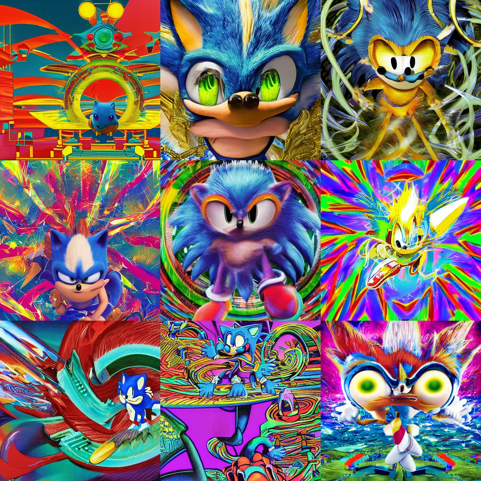Prompt: close up sonic the hedgehog in a surreal, elastic, chrome ornate, professional, high quality airbrush art mgmt tame impala shpongle album cover of a chrome dissolving LSD DMT blue sonic the hedgehog surfing through vaporwave caves, checkerboard horizon , 1980s 1982 Sega Genesis video game album cover
