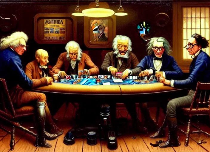 Image similar to isaac newton and stephen hawkins and asimov and albert einstein playing poker in an old west saloon, centered, digital painting, artstation, concept art, smooth, illustration, art by james gurney and norman rockwell and greg rutkowski