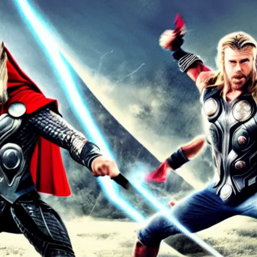 Prompt: chris hemsworth thor fighting cats