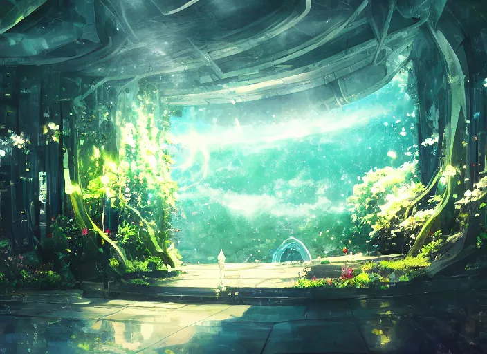 Prompt: anime background clean neat clarity professional visual development set design, large hall, sparse plants, dim painterly lighting volumetric aquatics, impasto, trending on pixiv