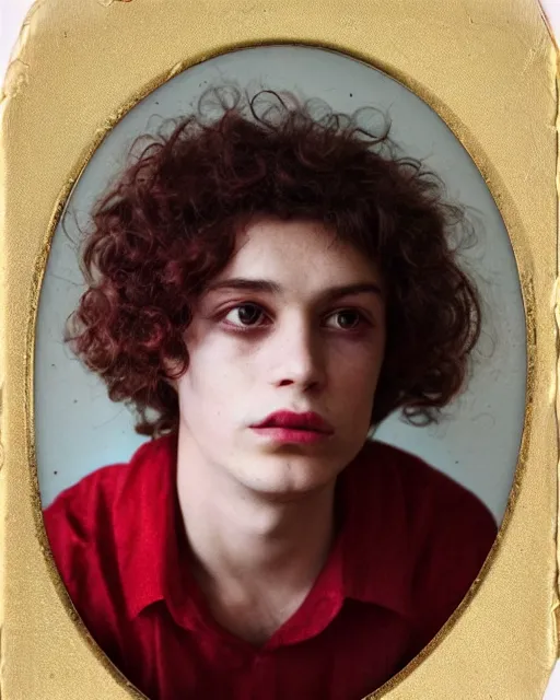 Prompt: an instant photo of a beautiful but sinister young man in layers of fear, with haunted eyes and curly hair, 1 9 7 0 s, seventies, delicate embellishments, a little blood, crimson, painterly, offset printing technique, mary jane ansell