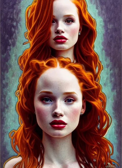 Prompt: oil portrait of madelaine petsch, intricate, elegant, highly detailed, lighting, painting, artstation, smooth, illustration, art by greg rutowski and alphonse mucha