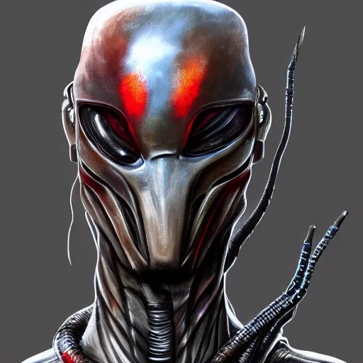 Prompt: digital painting of an alien with dreadlocks and wearing grey high tech armor, The Predator, Yautja, hyperdetailed, trending on Artstation