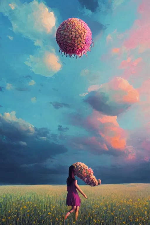 Image similar to giant corn flower head, girl walking on the moon, surreal photography, sunrise, dramatic light, impressionist painting, colorful clouds, digital painting, artstation, simon stalenhag