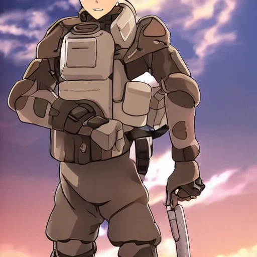 Image similar to Anime military bombsuit protagonist with light brown hair and brown eyes, Key Still, character design, full body shot