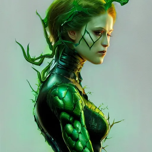 Image similar to full figure ultra realistic illustration, evan rachel wood as poison ivy wearing futuristic black armor, green skin, highly detailed, digital painting, artstation, concept art, smooth, sharp focus, illustration, art by artgerm and greg rutkowski and alphonse mucha