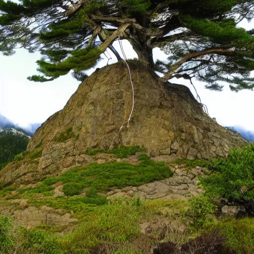 Image similar to A mountain with a giant tree on the top,