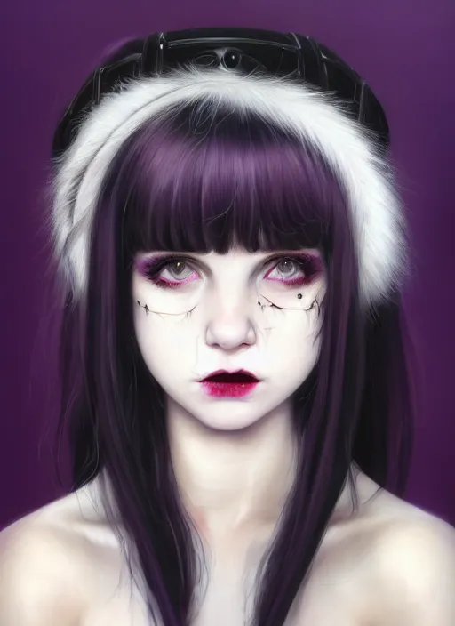 Image similar to portrait of white teenage girl named shrill prisston, normal face, black bangs, mall goth, cyberlox, black hair white bangs, fluffy bangs, red irises, purple hairband, intricate, elegant, highly detailed, digital painting, artstation, concept art, sharp focus, smooth, illustration, art by wlop, mars ravelo and greg rutkowski