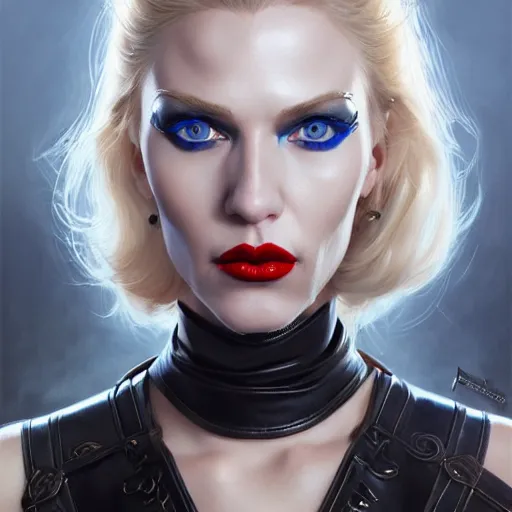 Prompt: portrait of a confident and mature looking northern blond lady in black bdsm leather mask, beautiful blue eyes and red lips, art by artgerm and greg rutkowski and magali villeneuve, highly detailed, digital painting, trending on artstation, concept art, sharp focus, illustration