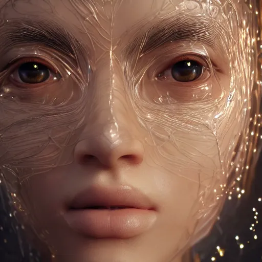 Prompt: intricate highly detailed face portrait of asian - european woman, light transparent water vines on her face, intricate, cgsociety, unreal engine, octane render, sharp focus, smooth, volumetric lighting, cinematic composition, artstation c 1 0. 0
