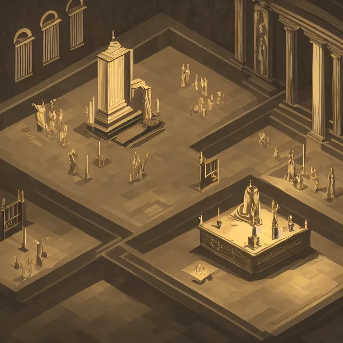 Prompt: isometric view of an interior with an altar in the style of hades, exquisite lighting, clear focus, very coherent