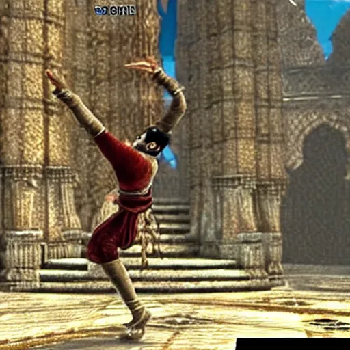 Prompt: a screenshot from prince of persia where the prince is doing a dance