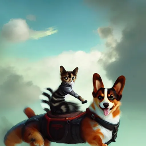 Image similar to tiny cat girl riding on the back of a giant corgi by greg rutkowski