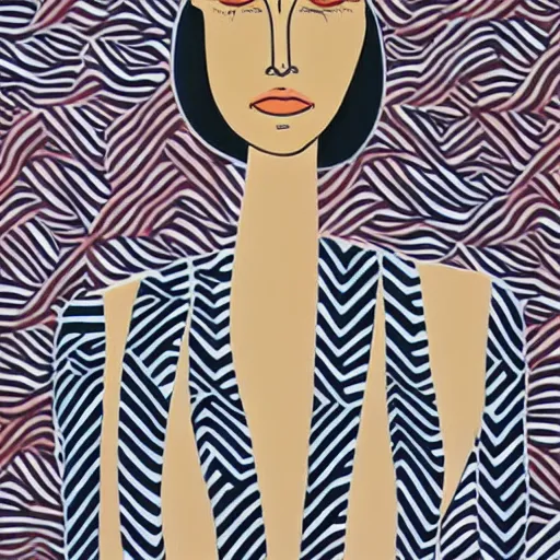 Image similar to a beautiful print. she has deeply tanned skin that makes me think of oort, an almond asian face and a compact, powerful body. by camille walala offhand, uneven