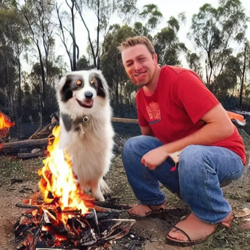 Image similar to picture of an australian shepherd with a hillbilly with long blonde hair around a bonfire