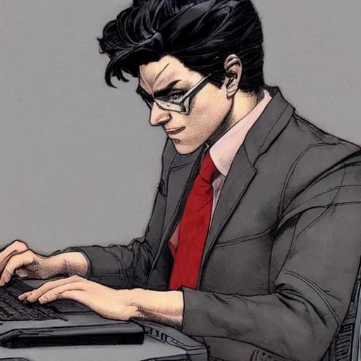 Image similar to a beautiful artwork of a young male scientist with black hair sitting at a desk with a laptop by Jerome Opeña, featured on artstation