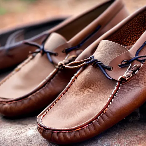 Image similar to sperry brown leather moccasins with extra long toe points, photorealistic