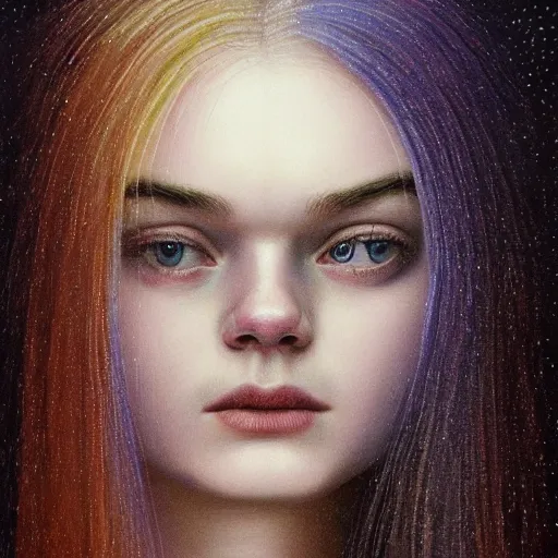 Prompt: professional painting of Elle Fanning in the style of Beksinski, head and shoulders portrait, symmetrical facial features, smooth, sharp focus, illustration, intricate, stormy weather, extremely detailed masterpiece,
