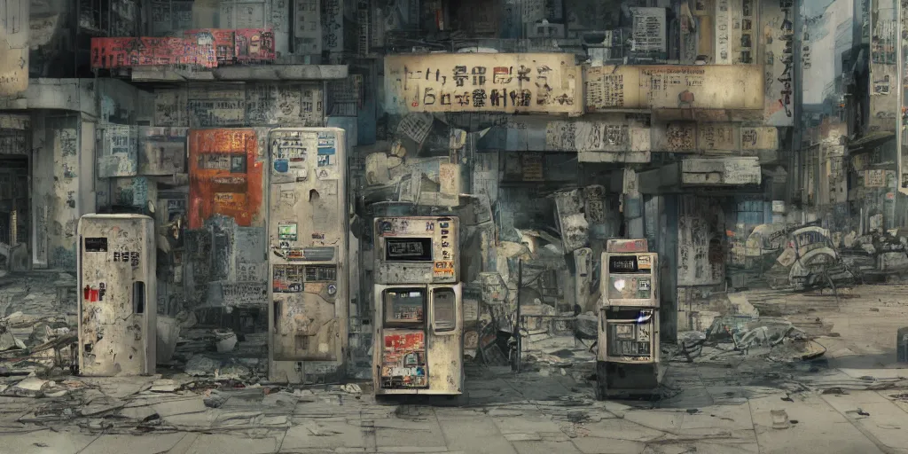 Prompt: broken robot lying deserted shinjuku junk town, watercolor, ghost in the shell, soft bloom lighting, paper texture, bright sun bleached ground, vending machine, robot lurks in the background, koji morimoto, katsuya terada, genius party, animatronic, black smoke, pale, beige sky pencil marks, hd, 4k, remaster, dynamic camera angle, fish eye, dynamic scene