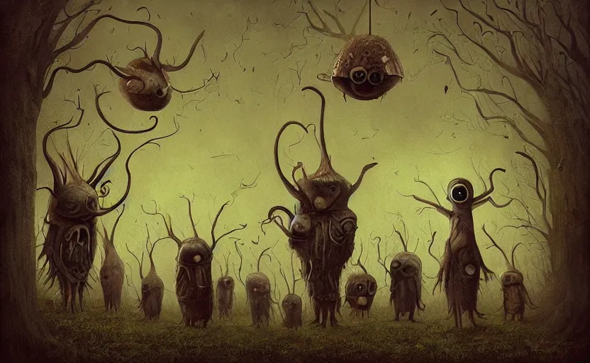 Prompt: a surreal painting of many bizarre otherworldly creatures standing in a small eerie village, by anton semenov and alex andreev