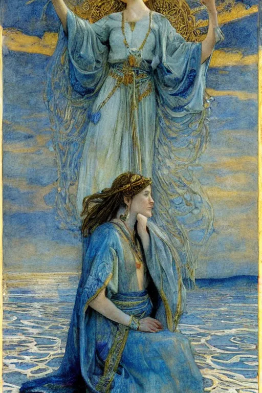Image similar to queen of the sea and her regalia, by Annie Swynnerton and Nicholas Roerich and jean delville, dramatic cinematic lighting , ornate headdress , flowing robes, lost civilizations, smooth, sharp focus, extremely detailed