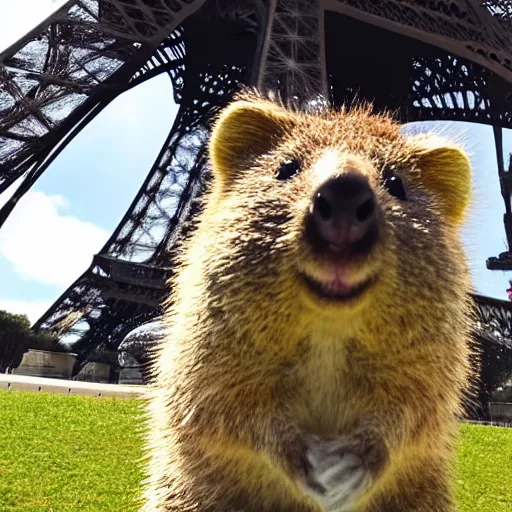 Prompt: a quokka taking a selfie in front of the eiffel tower, photorealistic