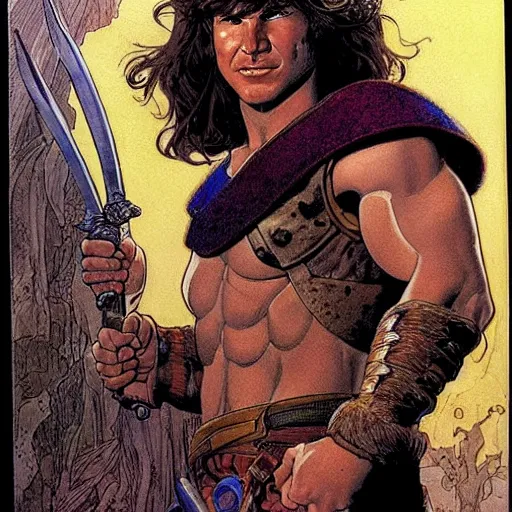 Image similar to a realistic, very beautiful and atmospheric portrait of young harrison ford as he - man character warrior wizard, prince of the universe, looking at the camera with an intelligent gaze by rebecca guay, michael kaluta, charles vess and jean moebius giraud