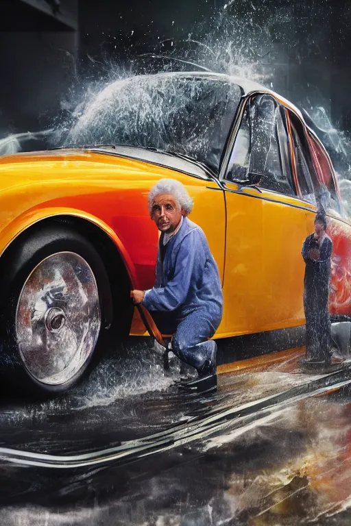 Image similar to intricate color photo of albert einstein, washing vintage cars, 8 k octane beautifully detailed render