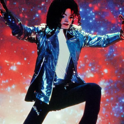 Image similar to Michael jackson blue thriller, cosmic ET style